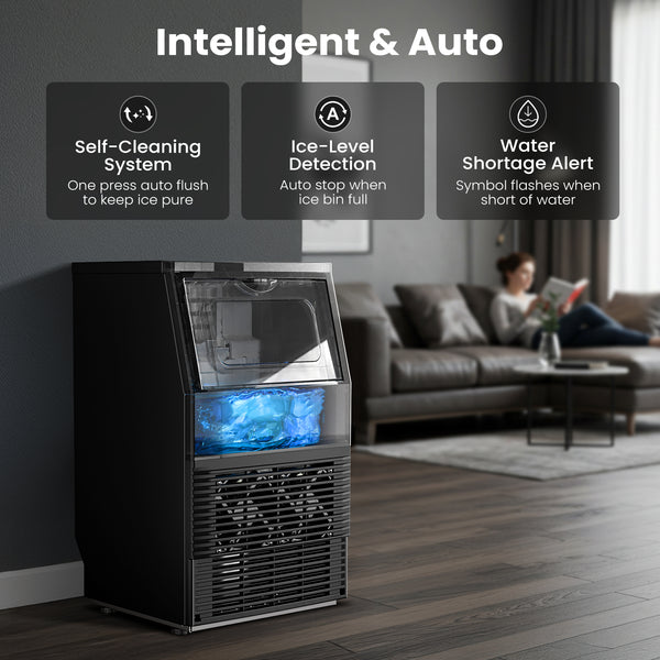 Ice maker with features highlighted in a living room setting