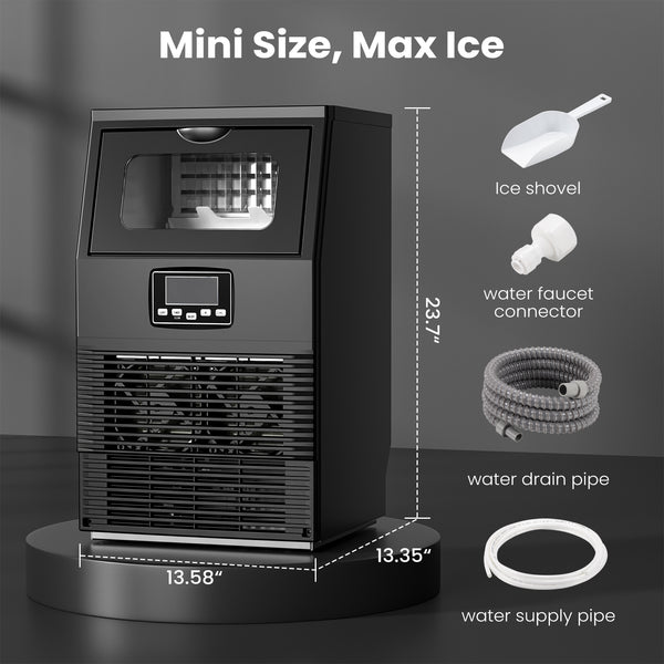 Portable ice maker with dimensions and accessories on a dark background