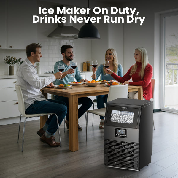 People sitting at a table with an ice maker in the foreground, text 'Ice Maker On Duty, Drinks Never Run Dry'.