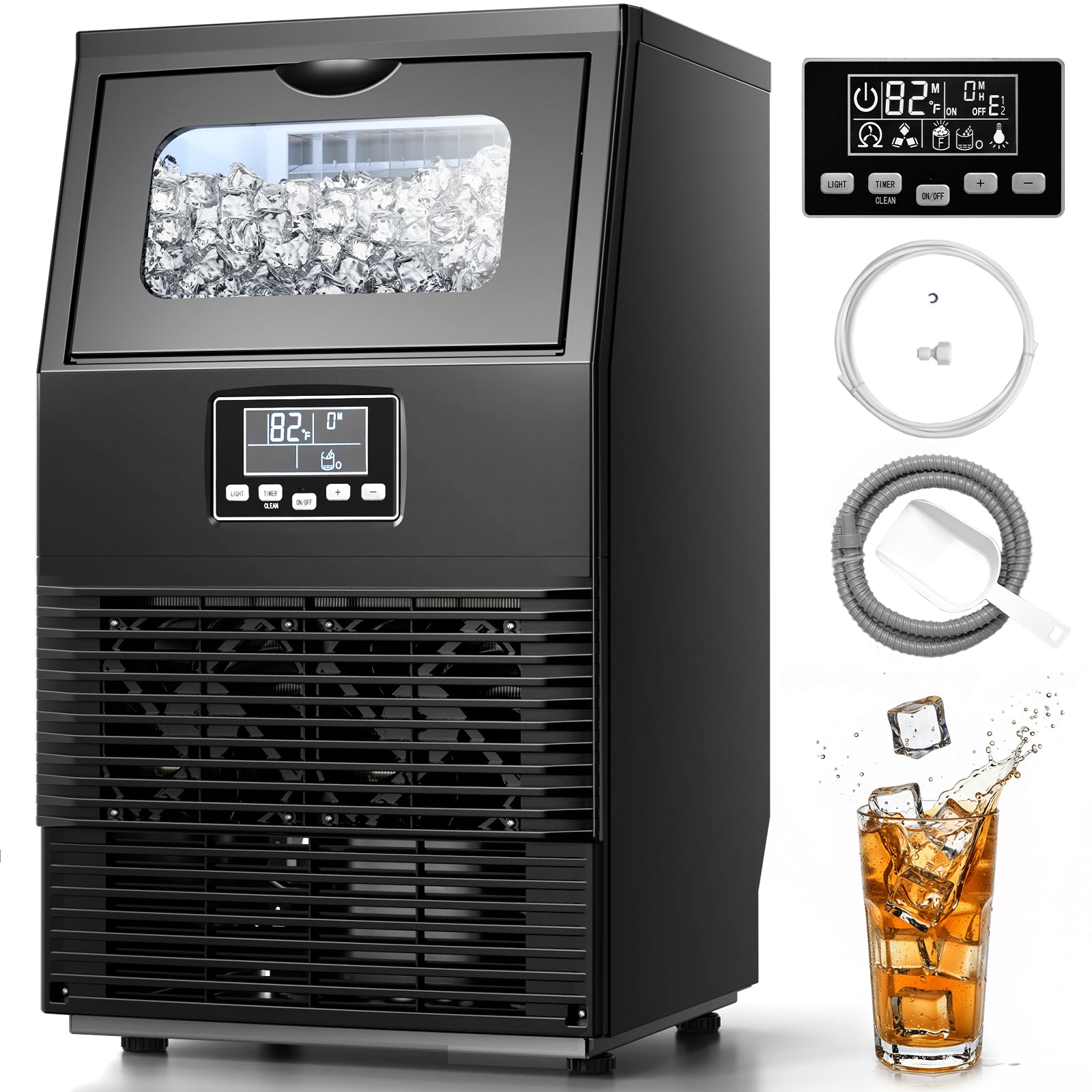 Black ice maker with digital display, ice cubes, and a glass of iced drink on a white background.