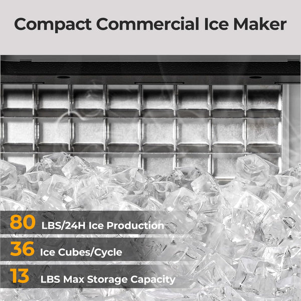 Compact commercial ice maker with ice production details displayed.