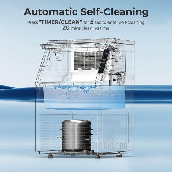 Automatic self-cleaning appliance with clear water tank and metal base on a light blue background.