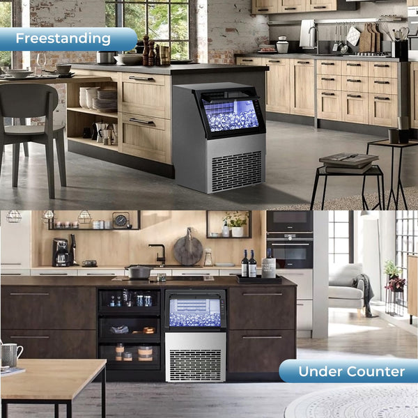 Collage of freestanding and under-counter ice machines in a kitchen setting.