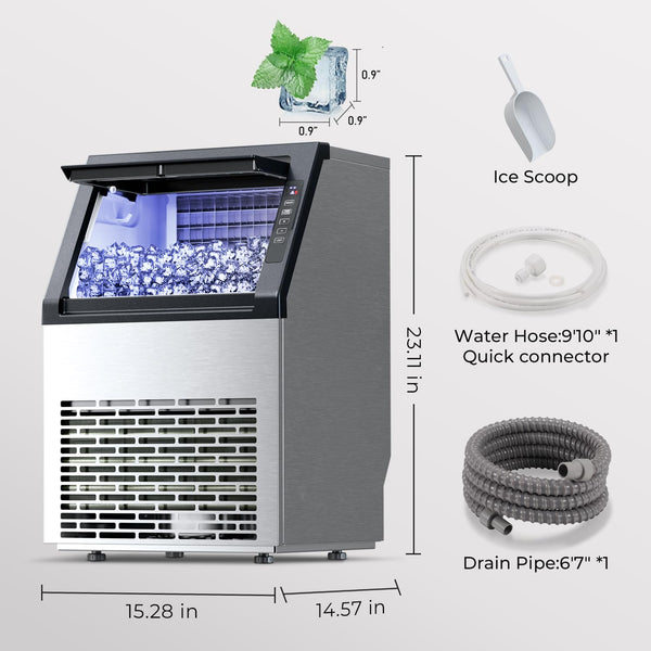 Portable ice maker with dimensions and accessories on a white background