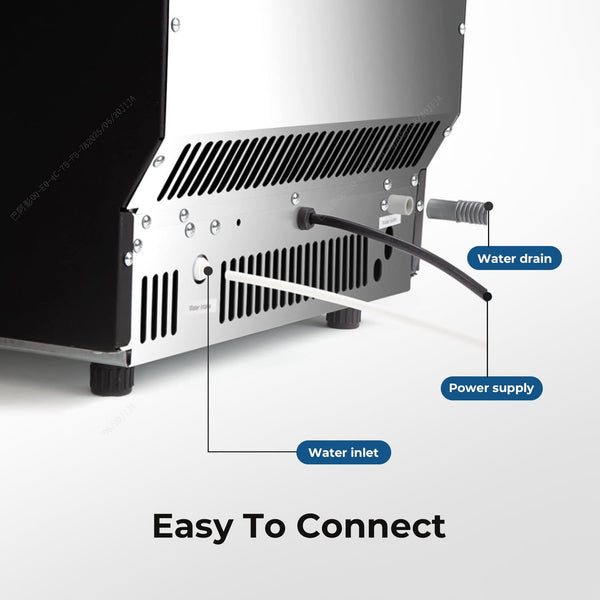 Back view of a piece of equipment with labeled connections on a white background