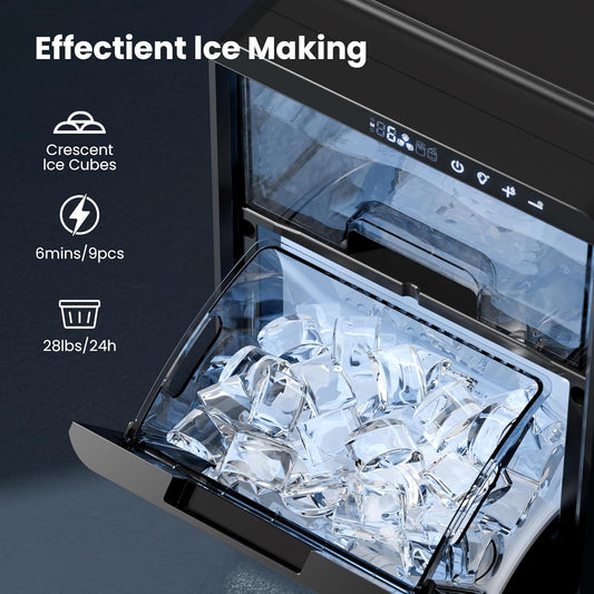 Ice maker with clear ice cubes and text highlighting efficient ice making.