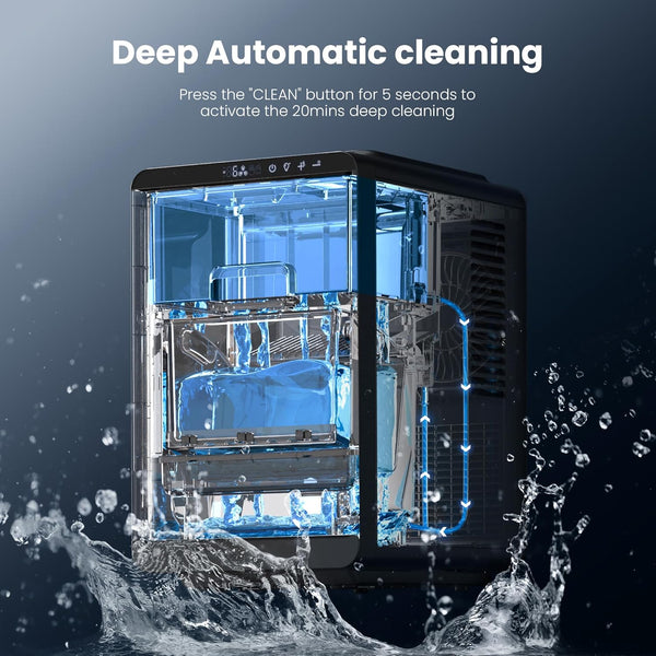 Electronic device with water splashes and text about deep automatic cleaning on a dark background