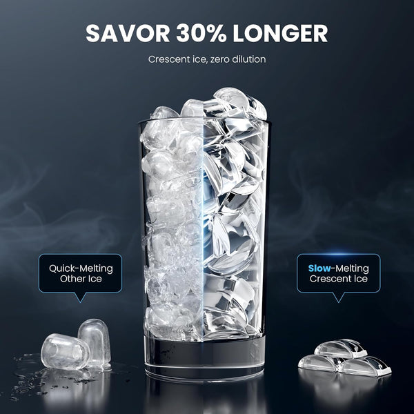 Glass filled with crescent ice cubes labeled 'Slow-Melting Crescent Ice' compared to 'Quick-Melting Other Ice'.