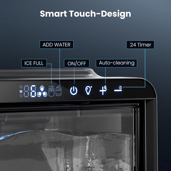 Control panel of a smart touch design appliance with labeled functions on a dark background.
