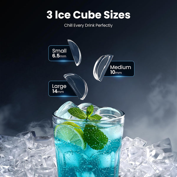 Glass of blue cocktail with ice cubes and text on ice cube sizes against a dark background