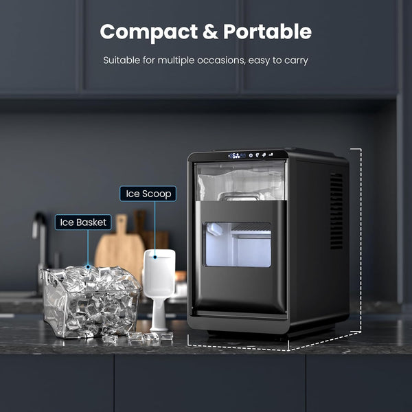 Compact refrigerator with ice-making capabilities on a kitchen counter.