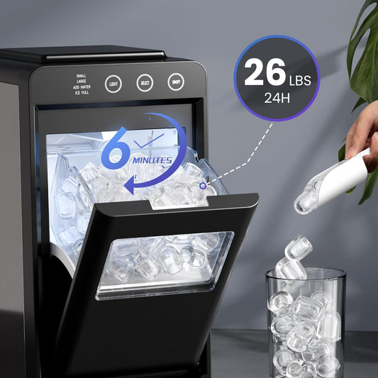 Ice maker with ice being dispensed into a glass, showing ice production details.