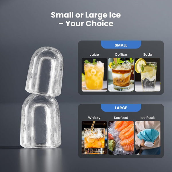 Ice mold with small and large options displayed on a gray background