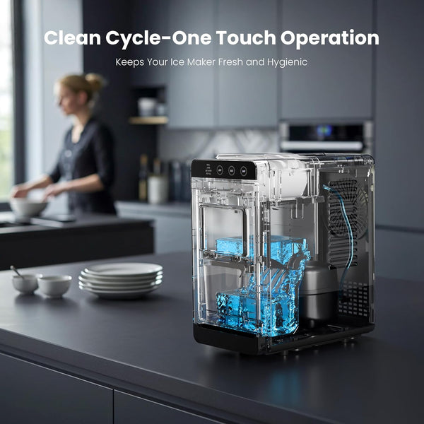 Ice maker on a kitchen counter with text about clean cycle operation
