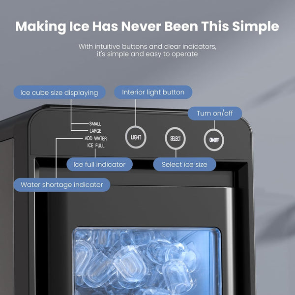 Ice maker with labeled buttons and indicators on a gray background
