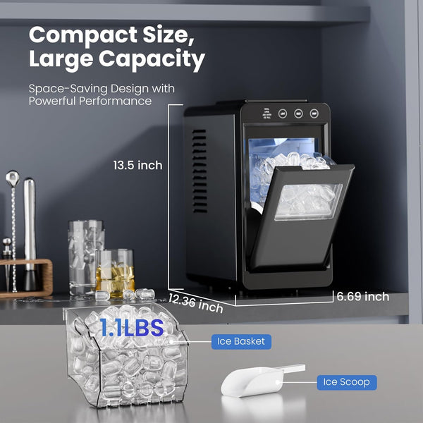 Compact ice maker with measurements and ice-related items on a kitchen counter.