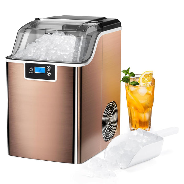 Portable ice maker with a glass of iced tea on a white background