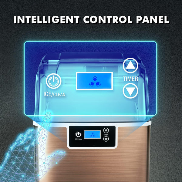 Control panel of a water dispenser with digital display and buttons on a dark background