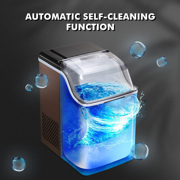 Automatic self-cleaning function with a washing machine and water droplets on a dark background
