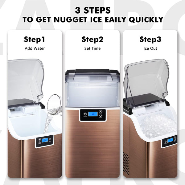 Step-by-step guide on using an ice maker with images and text.