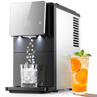 Ice maker machine with a glass of ice and a glass of orange juice on a white background