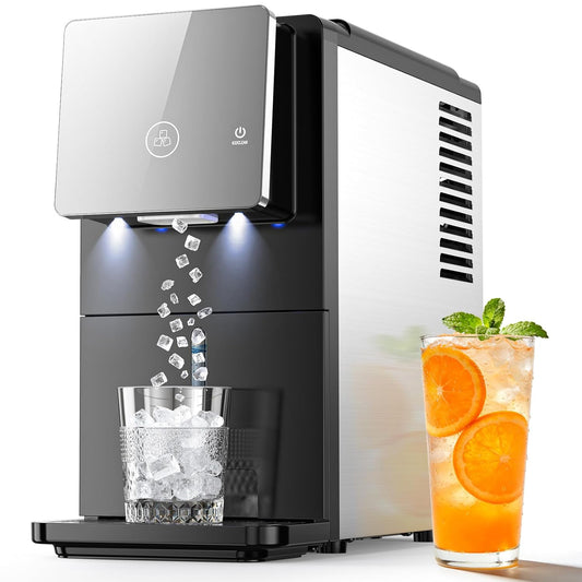 Ice maker machine with a glass of ice and a glass of orange juice on a white background