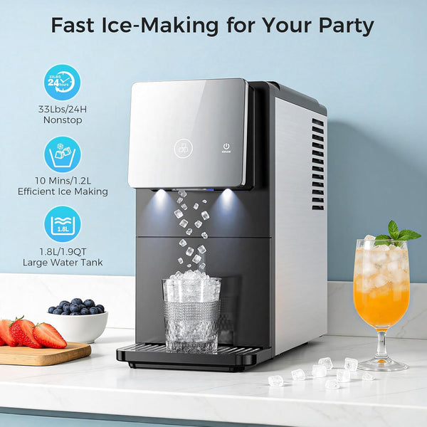 Ice maker with features highlighted and a glass of iced drink on a countertop.