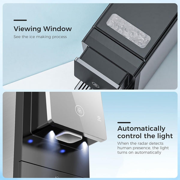 Ice maker with viewing window and light control feature on a light blue background