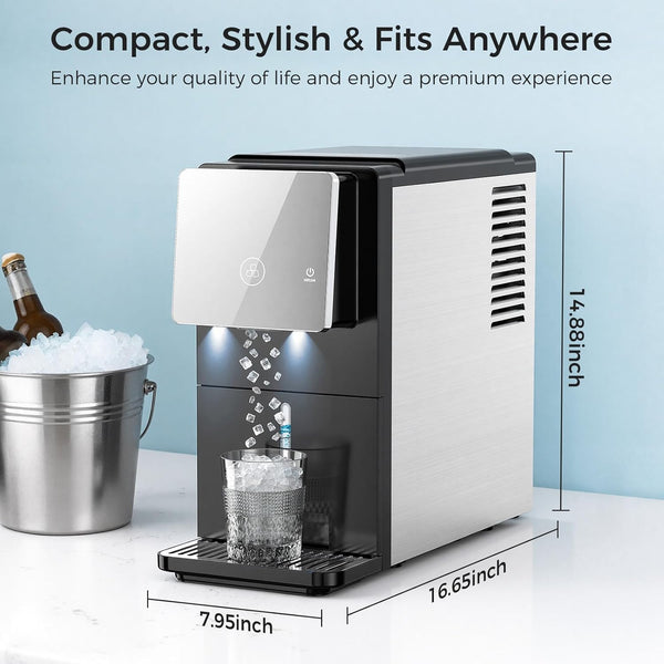 Compact ice maker with dimensions displayed on a light blue background