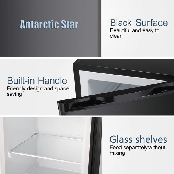 Product features including black surface, built-in handle, and glass shelves with Antarctic Star branding.