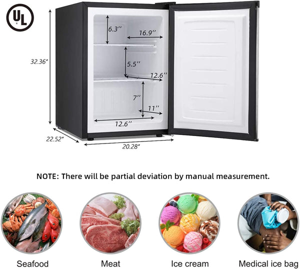 Small refrigerator with dimensions and images of food items below