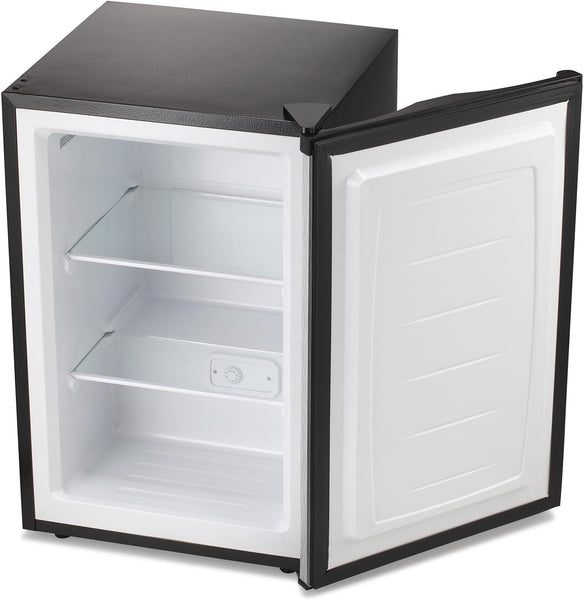 Small refrigerator with black frame and white interior on a white background
