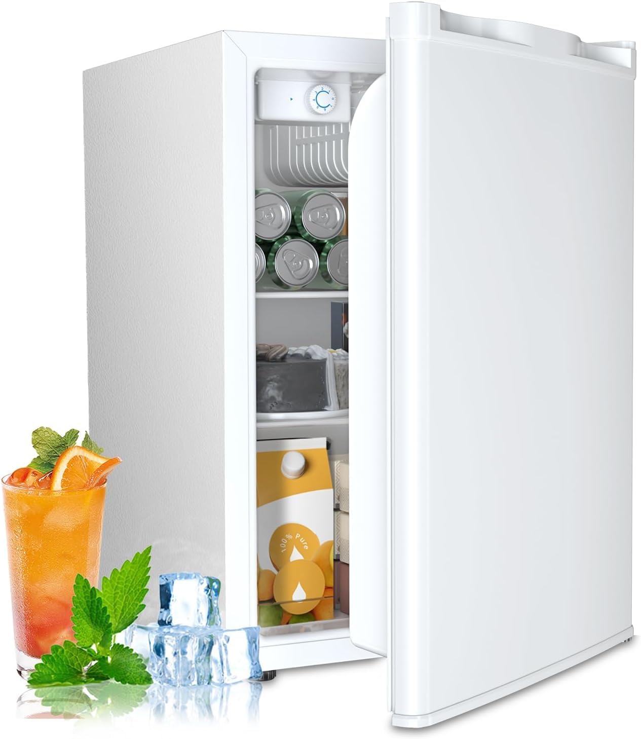Small white refrigerator with drinks and snacks inside, on a white background