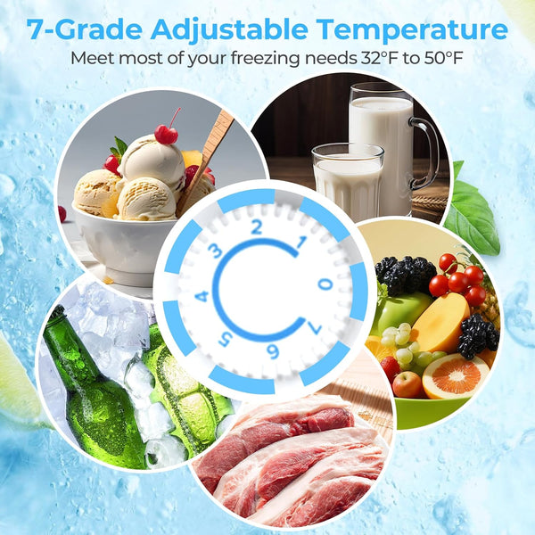 7-grade adjustable temperature display with food images and freezing range text on a blue background