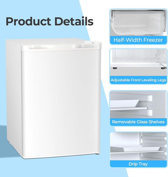 White half-width freezer with features highlighted on a blue background