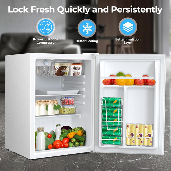 Small refrigerator with open doors displaying food items, featuring text about cooling performance.