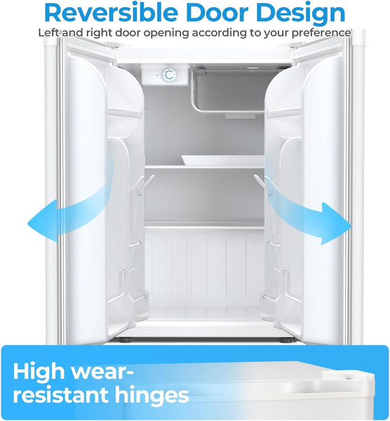 Refrigerator with reversible door design and high wear-resistant hinges on a white background