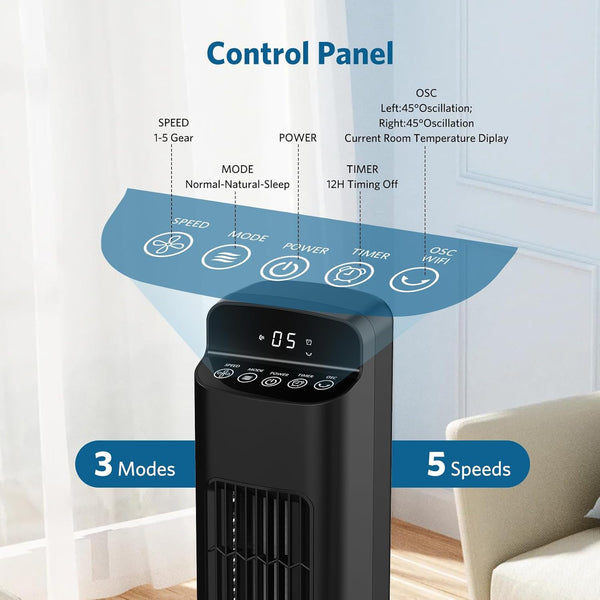 Smart Tower Fan for Bedroom, 25ft/s Velocity Floor Fan with 5 Speeds, Quiet Standing Fan with 3 Modes&12H Timer