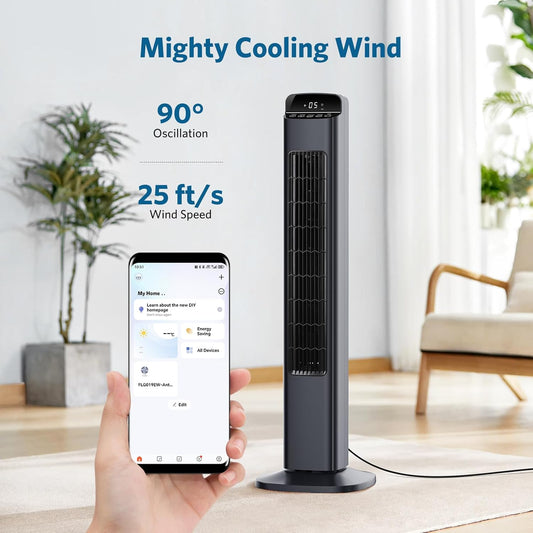 Smart Tower Fan for Bedroom, 25ft/s Velocity Floor Fan with 5 Speeds, Quiet Standing Fan with 3 Modes&12H Timer