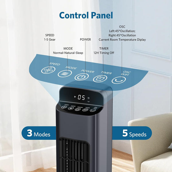 Smart Tower Fan for Bedroom, 25ft/s Velocity Floor Fan with 5 Speeds, Quiet Standing Fan with 3 Modes&12H Timer