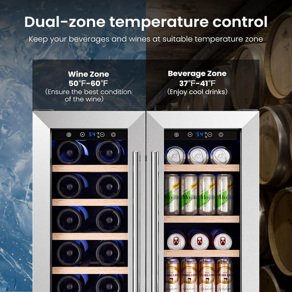 Dual-zone wine and beverage cooler with temperature control labels.