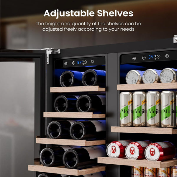 Wine and beer cooler with adjustable shelves displaying bottles and cans.