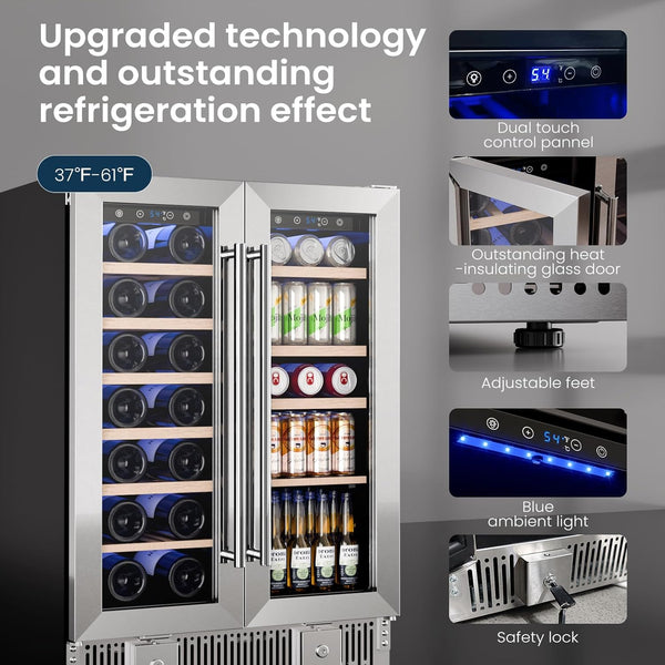 Multifunctional refrigerator with wine bottles, beer cans, and bottles on a gray background.
