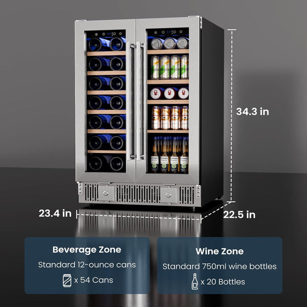 Double-door wine and beverage cooler with dimensions and capacity details on a gray background