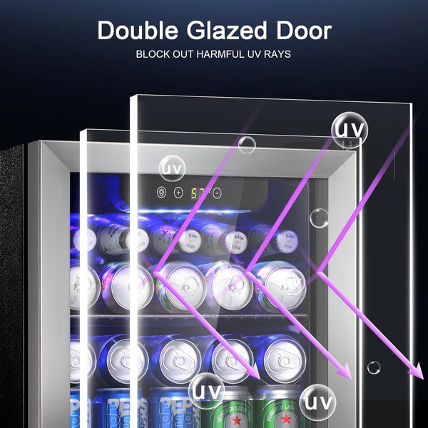 Beverage cooler with double-glazed UV-blocking door displaying bottles inside.