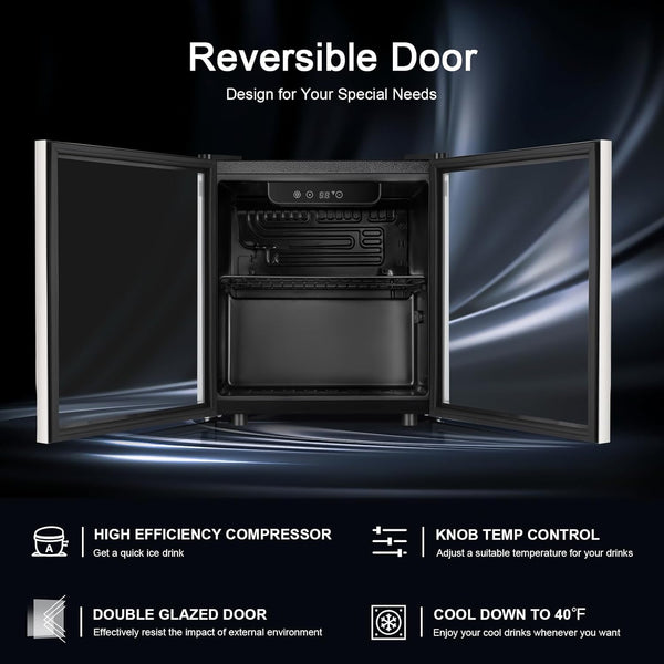 Reversible door refrigerator with open doors on a dark background