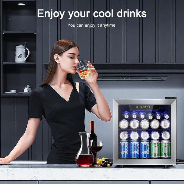Woman drinking from a glass next to a mini fridge with drinks inside, text 'Enjoy your cool drinks', 'You can enjoy it anytime'.