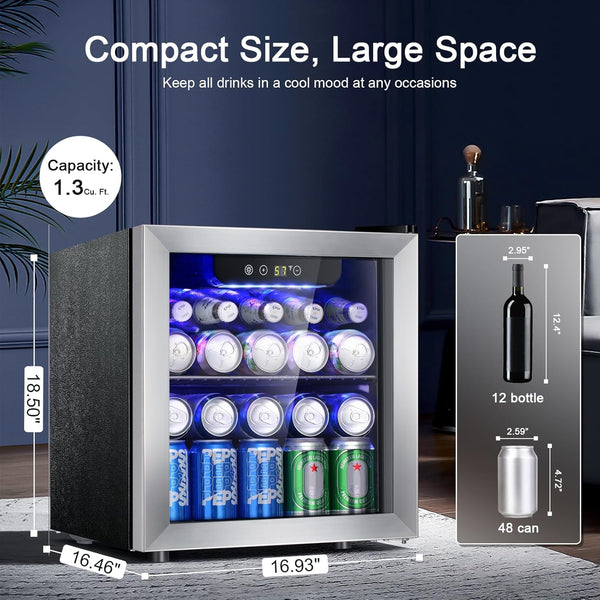 Compact size wine cooler with drinks inside, showing dimensions and capacity details.