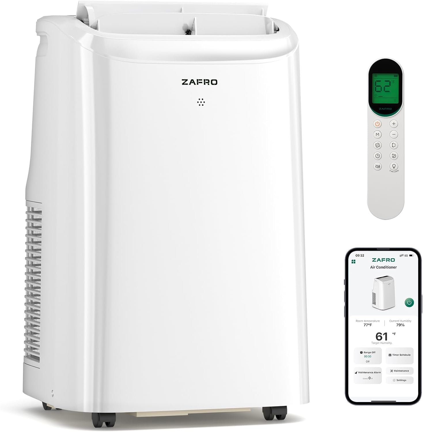 8000 BTU Portable AC, Portable AC 3-IN-1 Portable Air Conditioners with Drainage-free Cooling, 24Hrs Timer with APP/Remote/Timer/LED Display