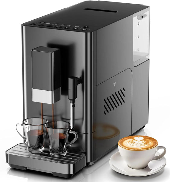 Black espresso machine with two glasses of coffee and a cup of cappuccino on a white background
